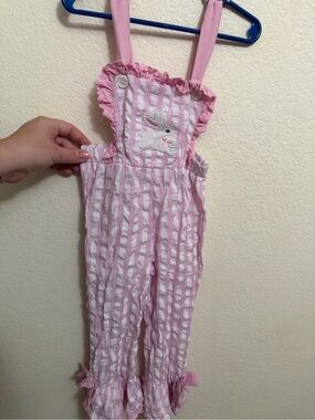 Amazon Pink and White Striped Bunny Appliqué Overalls